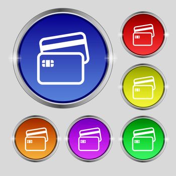 Credit card icon sign. Round symbol on bright colourful buttons. illustration
