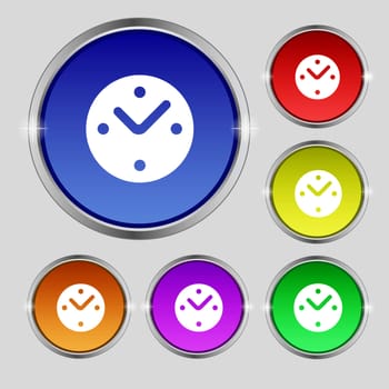 Mechanical Clock icon sign. Round symbol on bright colourful buttons. illustration