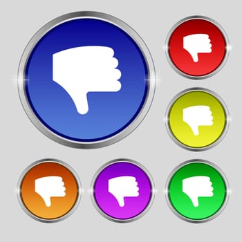 Dislike, Thumb down, Hand finger down icon sign. Round symbol on bright colourful buttons. illustration