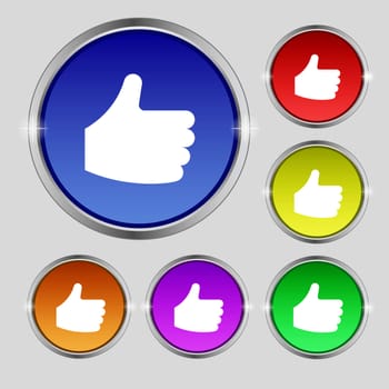 Like, Thumb up icon sign. Round symbol on bright colourful buttons. illustration