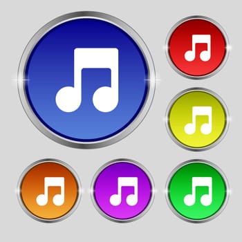 Music note icon sign. Round symbol on bright colourful buttons. illustration