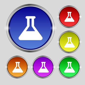 Conical Flask icon sign. Round symbol on bright colourful buttons. illustration