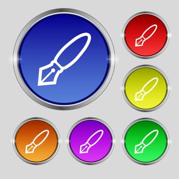 Pen icon sign. Round symbol on bright colourful buttons. illustration