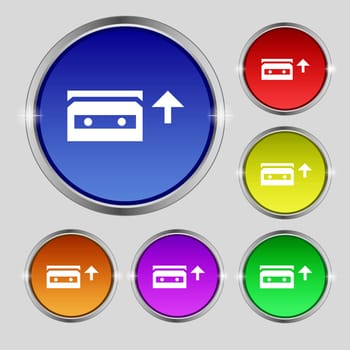 audio cassette icon sign. Round symbol on bright colourful buttons. illustration