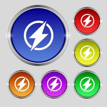 Photo flash sign icon. Lightning symbol. Set of colour buttons. illustration