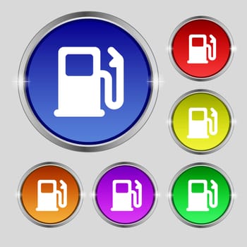 Petrol or Gas station, Car fuel icon sign. Round symbol on bright colourful buttons. illustration