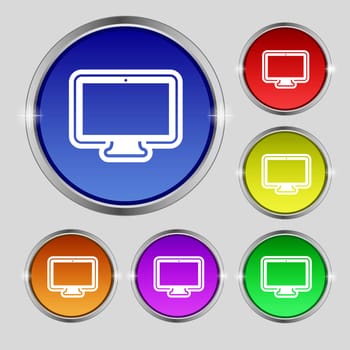 monitor icon sign. Round symbol on bright colourful buttons. illustration