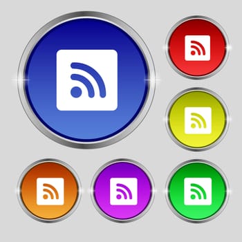 RSS feed icon sign. Round symbol on bright colourful buttons. illustration