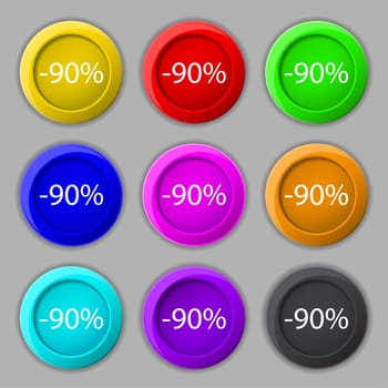 90 percent discount sign icon. Sale symbol. Special offer label. Set of colored buttons illustration