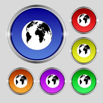 Globe sign icon. World map geography symbol. Set colourful buttons. illustration