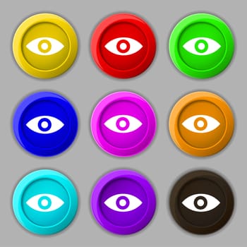 Eye, Publish content, sixth sense, intuition icon sign. symbol on nine round colourful buttons. illustration