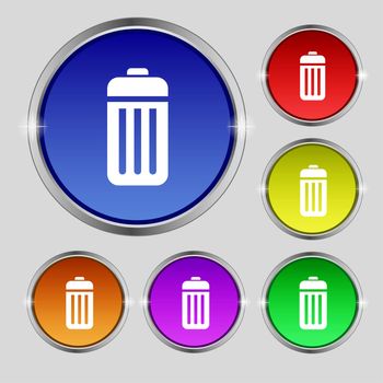 The trash icon sign. Round symbol on bright colourful buttons. illustration