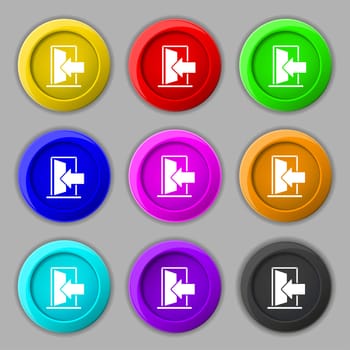 Door, Enter or exit icon sign. symbol on nine round colourful buttons. illustration