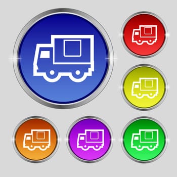 Delivery truck icon sign. Round symbol on bright colourful buttons. illustration