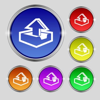 Upload icon sign. Round symbol on bright colourful buttons. illustration
