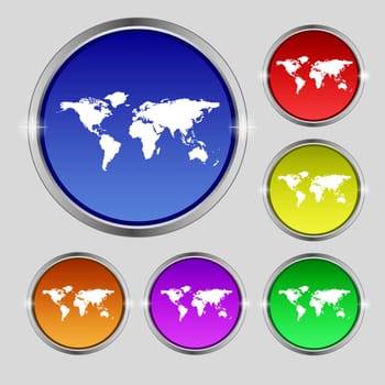 Globe sign icon. World map geography symbol. Set colourful buttons. illustration