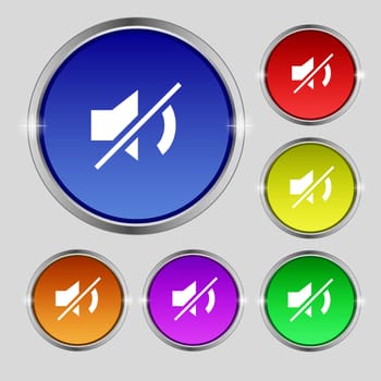 Mute speaker sign icon. Sound symbol. Set colourful buttons. illustration