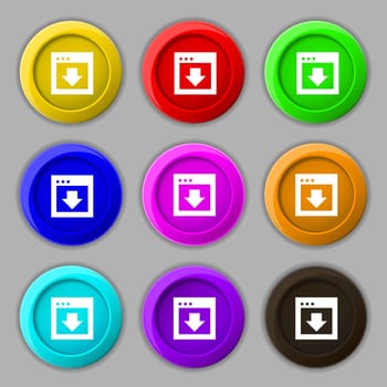 Arrow down, Download, Load, Backup icon sign. symbol on nine round colourful buttons. illustration