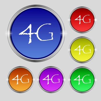 4G sign icon. Mobile telecommunications technology symbol. Set of colour buttons. illustration