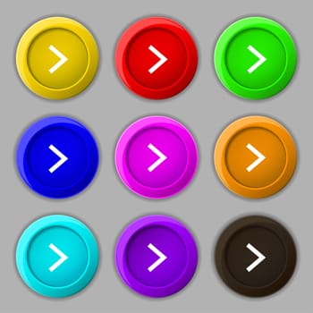 Arrow right, Next icon sign. symbol on nine round colourful buttons. illustration