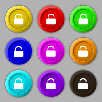 Open Padlock icon sign. symbol on nine round colourful buttons. illustration