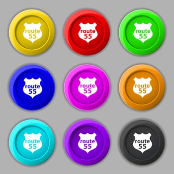 Route 55 highway icon sign. symbol on nine round colourful buttons. illustration