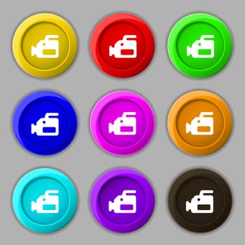 video camera icon sign. symbol on nine round colourful buttons. illustration