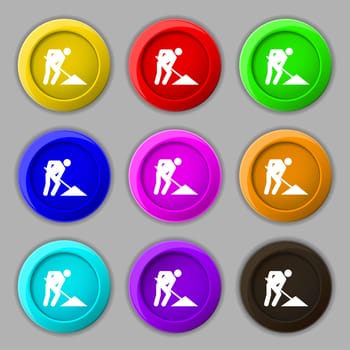 repair of road, construction work icon sign. symbol on nine round colourful buttons. illustration