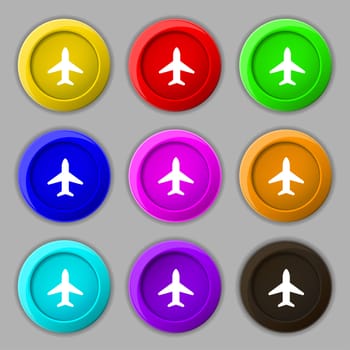 Airplane, Plane, Travel, Flight icon sign. symbol on nine round colourful buttons. illustration