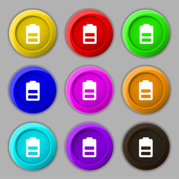 Battery half level, Low electricity icon sign. symbol on nine round colourful buttons. illustration