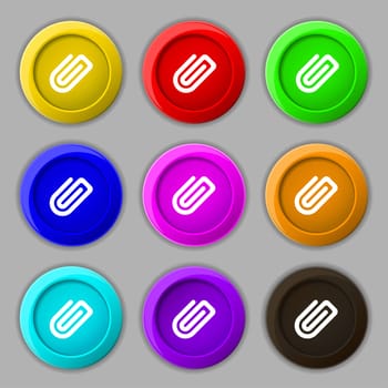 Paper Clip icon sign. symbol on nine round colourful buttons. illustration