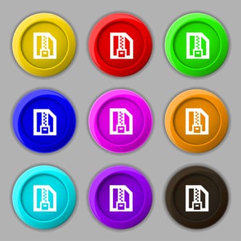 Archive file, Download compressed, ZIP zipped icon sign. symbol on nine round colourful buttons. illustration