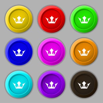 Crown icon sign. symbol on nine round colourful buttons. illustration