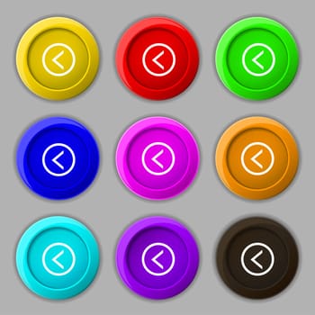 Arrow left, Way out icon sign. symbol on nine round colourful buttons. illustration