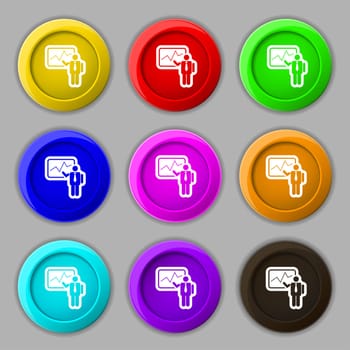 businessman making report icon sign. symbol on nine round colourful buttons. illustration