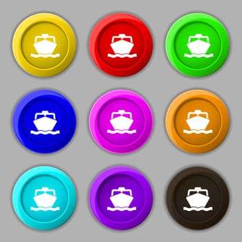 the boat icon sign. symbol on nine round colourful buttons. illustration