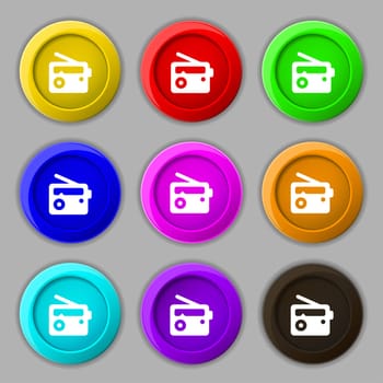 Retro Radio icon sign. symbol on nine round colourful buttons. illustration