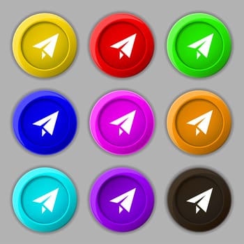 Paper airplane icon sign. symbol on nine round colourful buttons. illustration