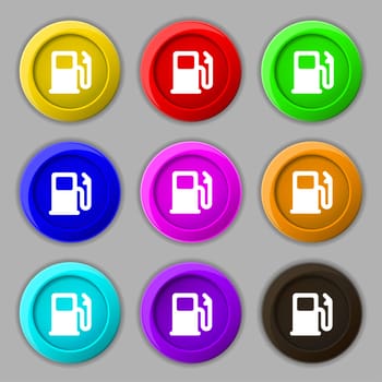 Petrol or Gas station, Car fuel icon sign. symbol on nine round colourful buttons. illustration