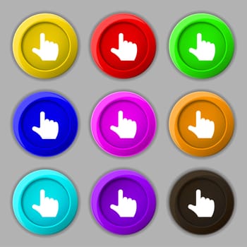 pointing hand icon sign. symbol on nine round colourful buttons. illustration