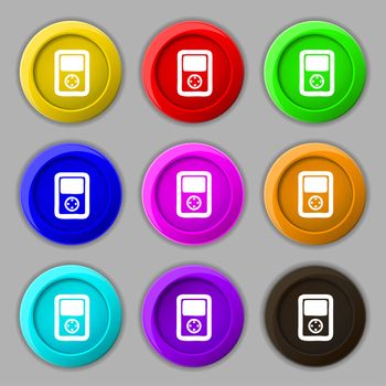 Tetris, video game console icon sign. symbol on nine round colourful buttons. illustration