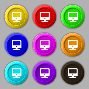 monitor icon sign. symbol on nine round colourful buttons. illustration