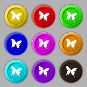 butterfly icon sign. symbol on nine round colourful buttons. illustration