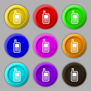 Mobile phone icon sign. symbol on nine round colourful buttons. illustration