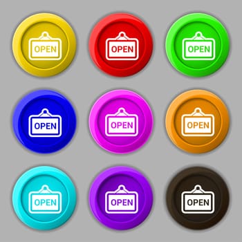 open icon sign. symbol on nine round colourful buttons. illustration