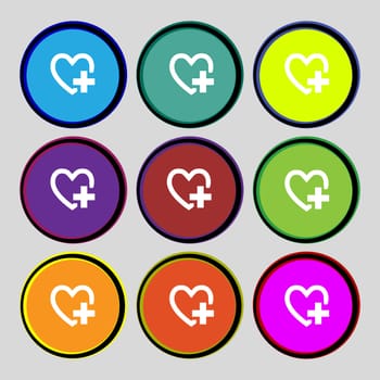 Medical heart sign icon. Cross symbol. Set colourful buttons. illustration