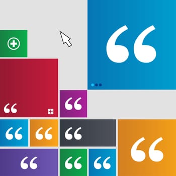Double quotes at the beginning of words icon sign. Metro style buttons. Modern interface website buttons with cursor pointer. illustration