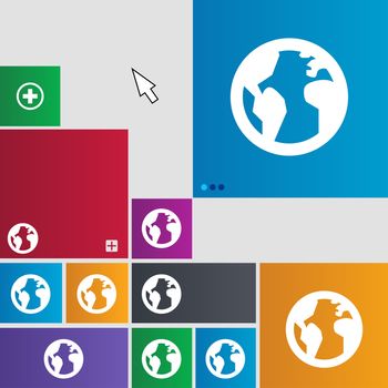 Globe, World map geography icon sign. buttons. Modern interface website buttons with cursor pointer. illustration