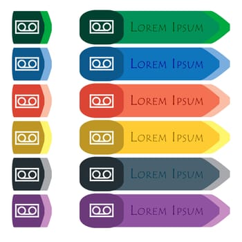 audio cassette icon sign. Set of colorful, bright long buttons with additional small modules. Flat design. 
