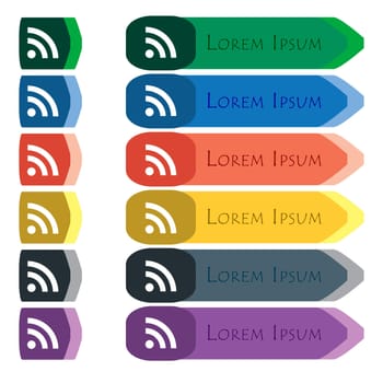 RSS feed icon sign. Set of colorful, bright long buttons with additional small modules. Flat design. 